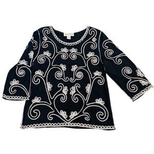 Lauren Michelle Embroidered 3/4 Sleeve Blouse, Black/White, Women's XL